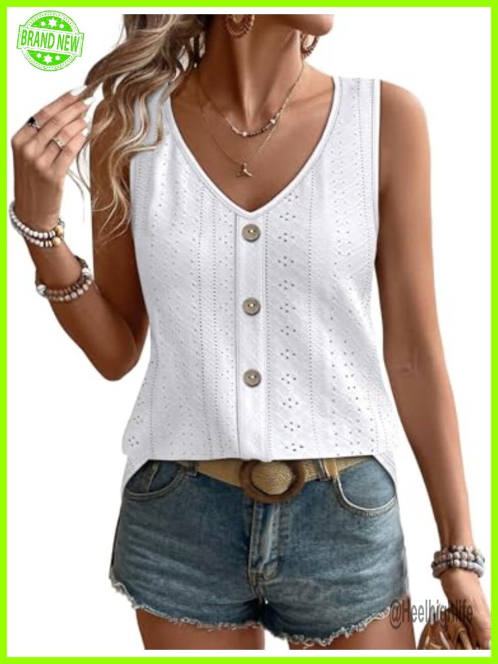 Womens Loose Casual Summer Tank Top Eyelet V Neck Sleeveless Basic Shirt